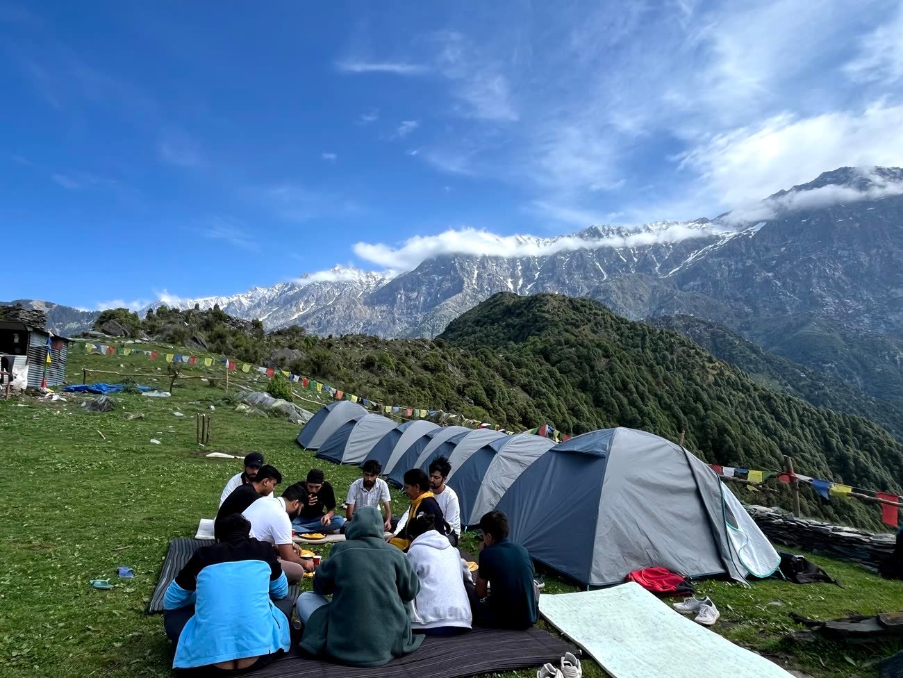 Row of camping tents on the meadow at Thatharana Trek with the Dhauladhar range behind