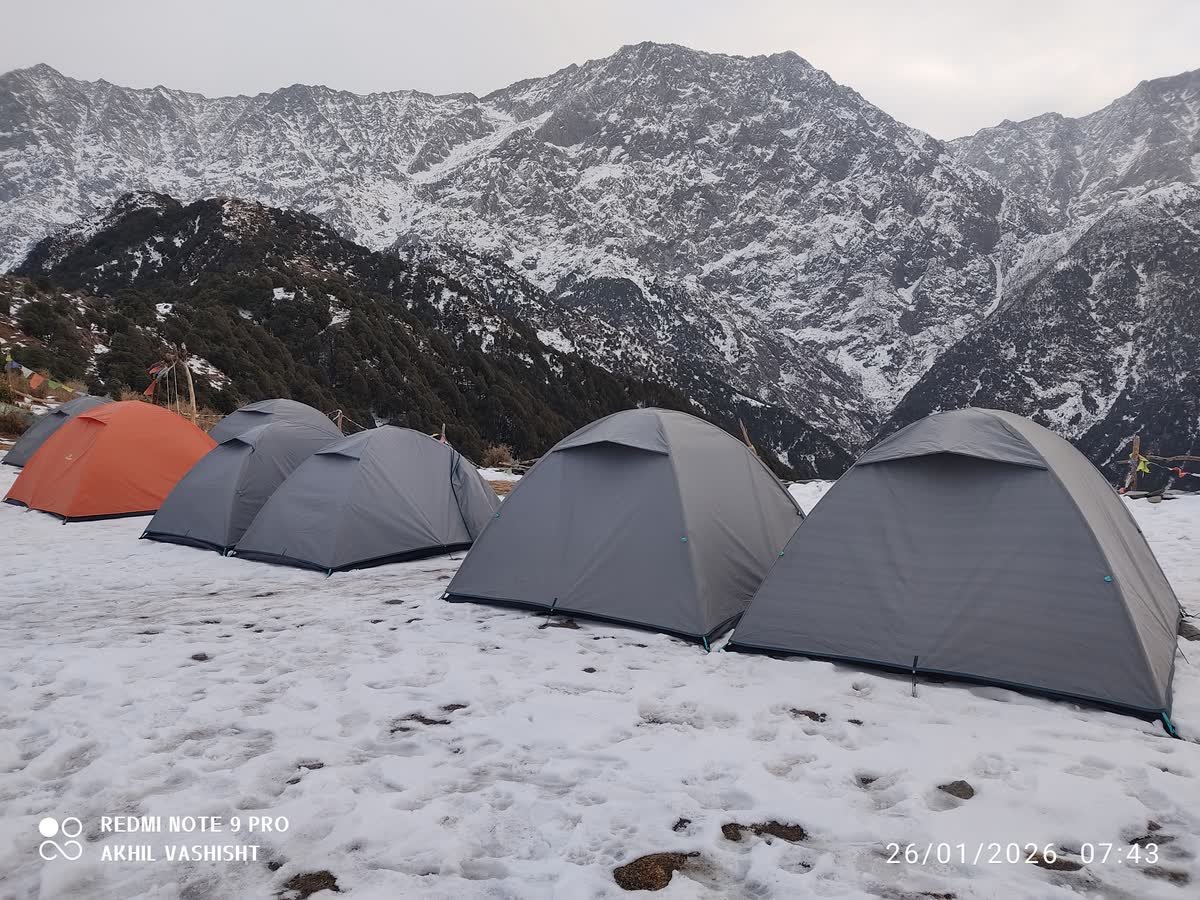 Camping tents pitched on fresh snow below the Dhauladhar range in winter